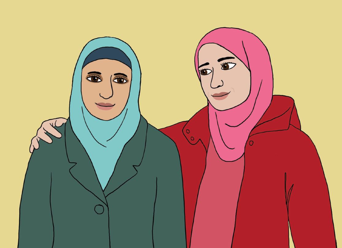 tekening van twee glimlachende vrouwen met hoofddoek, de een slaat haar arm om de schouder van de ander heen
